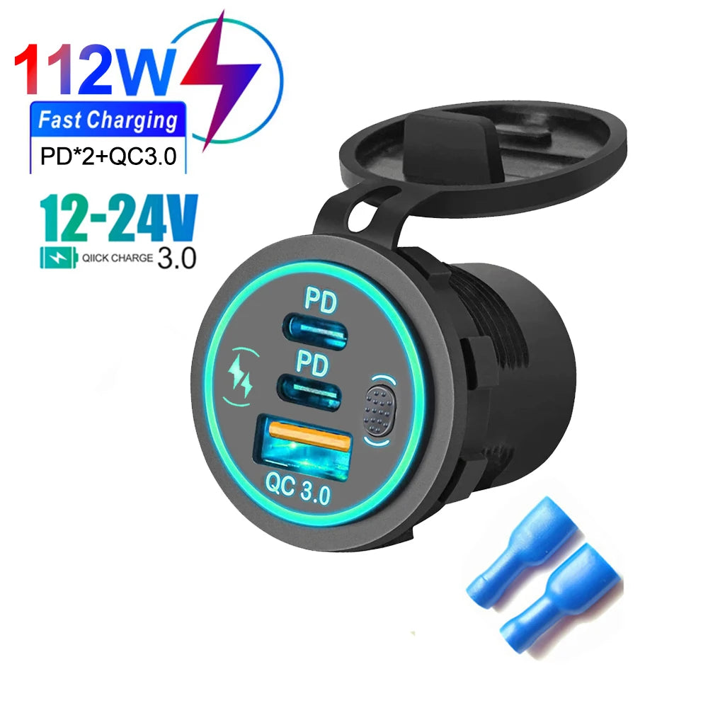 Car Charger Socket PD3.0 & QC3.0 Double USB C Ports Waterproof with LED Touch Switch 78W Fast Charging 12V/24V For Moto Adapter