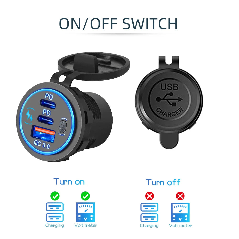 Car Charger Socket PD3.0 & QC3.0 Double USB C Ports Waterproof with LED Touch Switch 78W Fast Charging 12V/24V For Moto Adapter